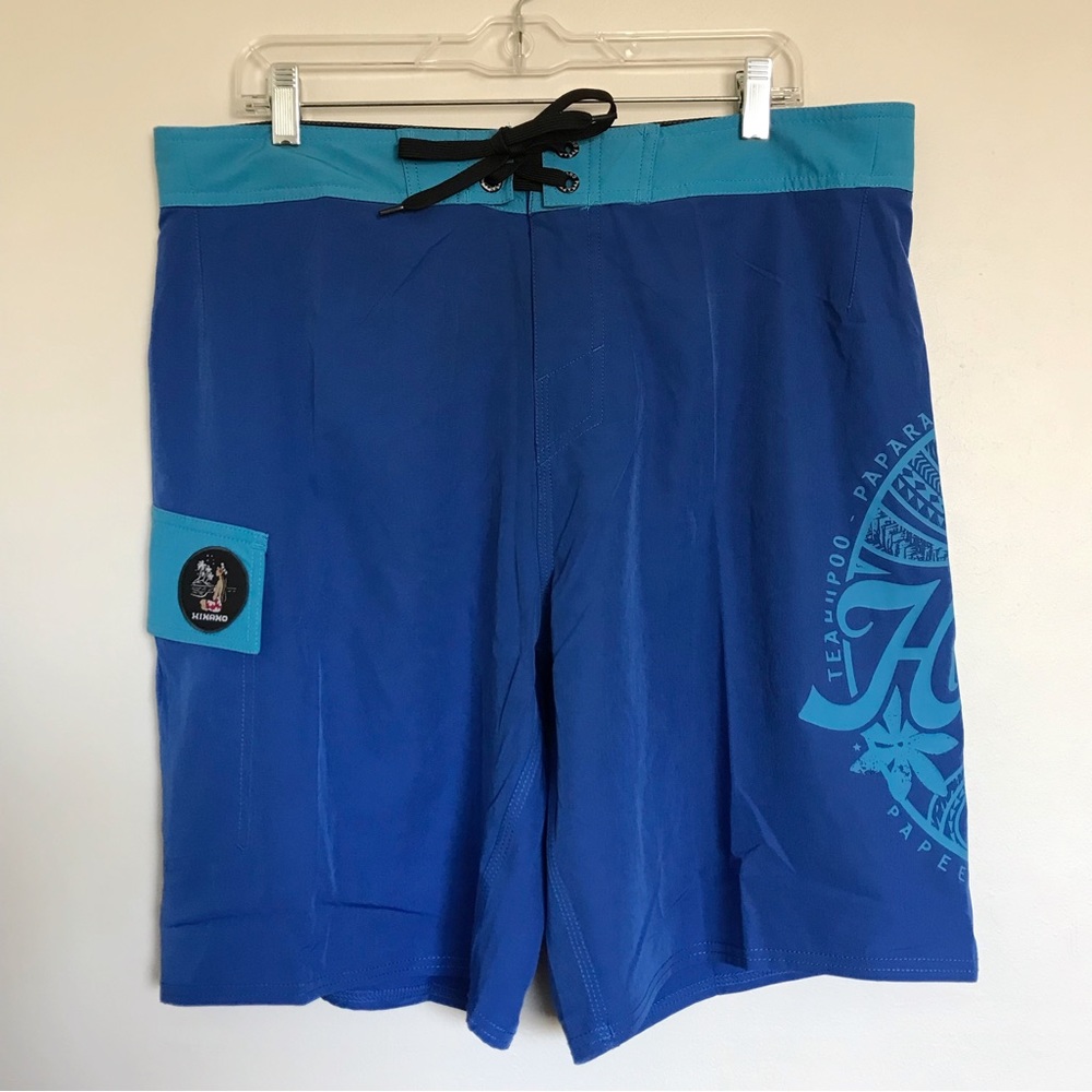 Hinano Tahiti Men's Board Shorts Swim Surf Trunks Blue Size 36 Pocket Hula Girl